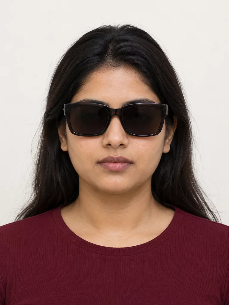 Synthetic portrait before editing, with the subject's eyes and eyebrows obscured by dark glasses