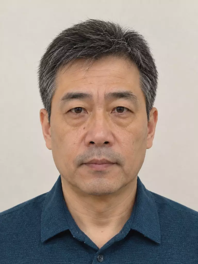 Synthetic portrait after editing, with the same subject rendered more clearly while retaining natural age and skin texture