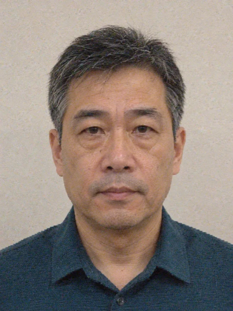 Synthetic portrait before editing, with moderate focus softness, visible image noise, and compression artifacts
