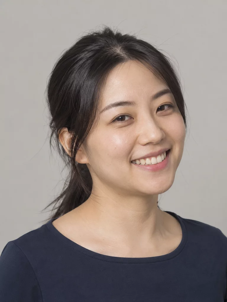 Synthetic portrait before editing, with the subject's head turned and teeth visible in a broad smile