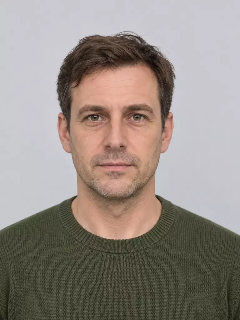Synthetic portrait after editing, with the same subject's missing shoulder and sweater area naturally reconstructed