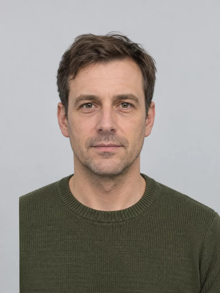 Synthetic portrait before editing, with one sweater shoulder ending at an unnatural straight edge inside the image