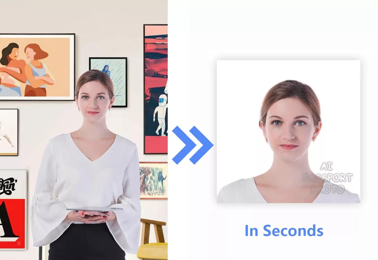 A portrait transformed into a watermarked passport photo preview