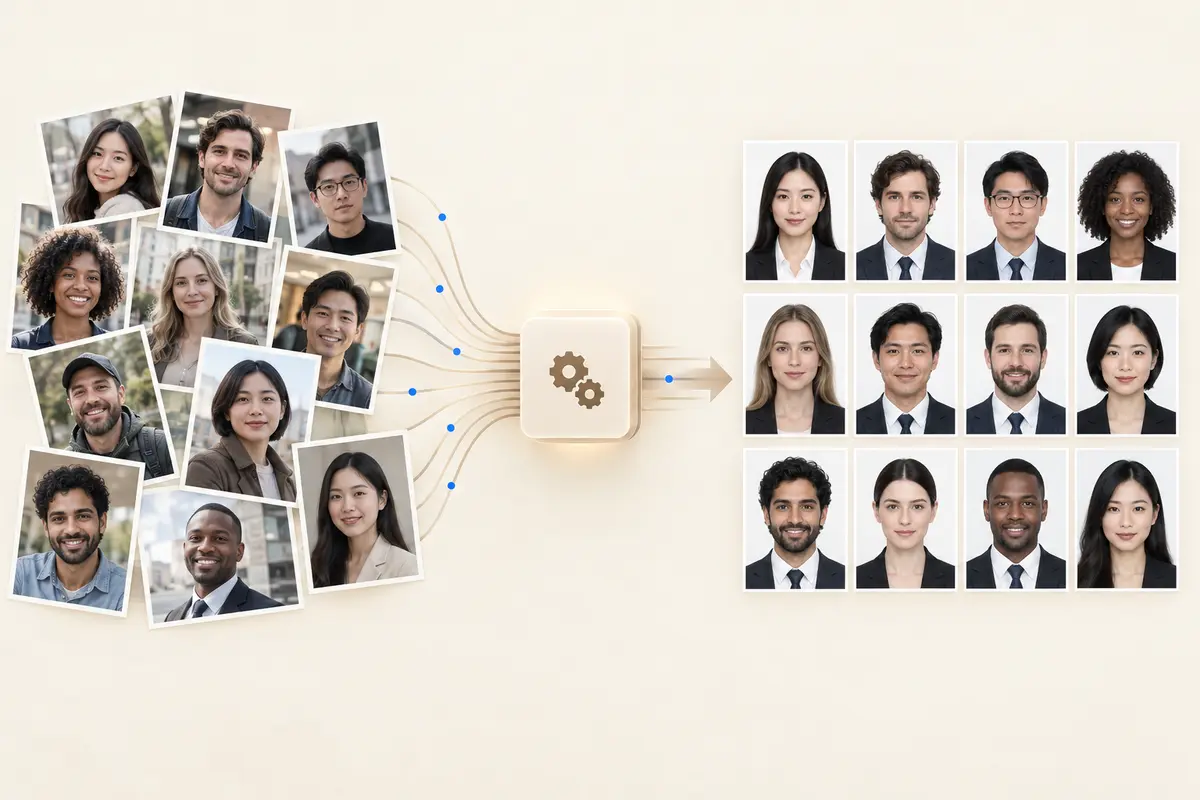 A set of portraits processed one by one into the same ID photo specification