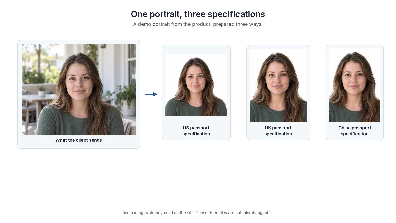 A demo portrait with a busy background beside three prepared crops: a square US passport specification, a taller UK passport specification, and a China passport specification.