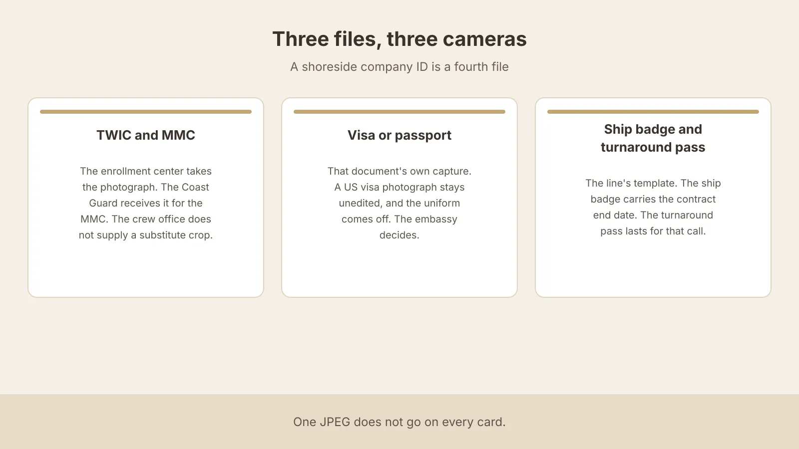 Three-column diagram separating a TWIC and Merchant Mariner Credential issued from an enrollment photograph, a visa or passport photograph that stays unedited, and a ship badge plus turnaround pass that carry end dates.