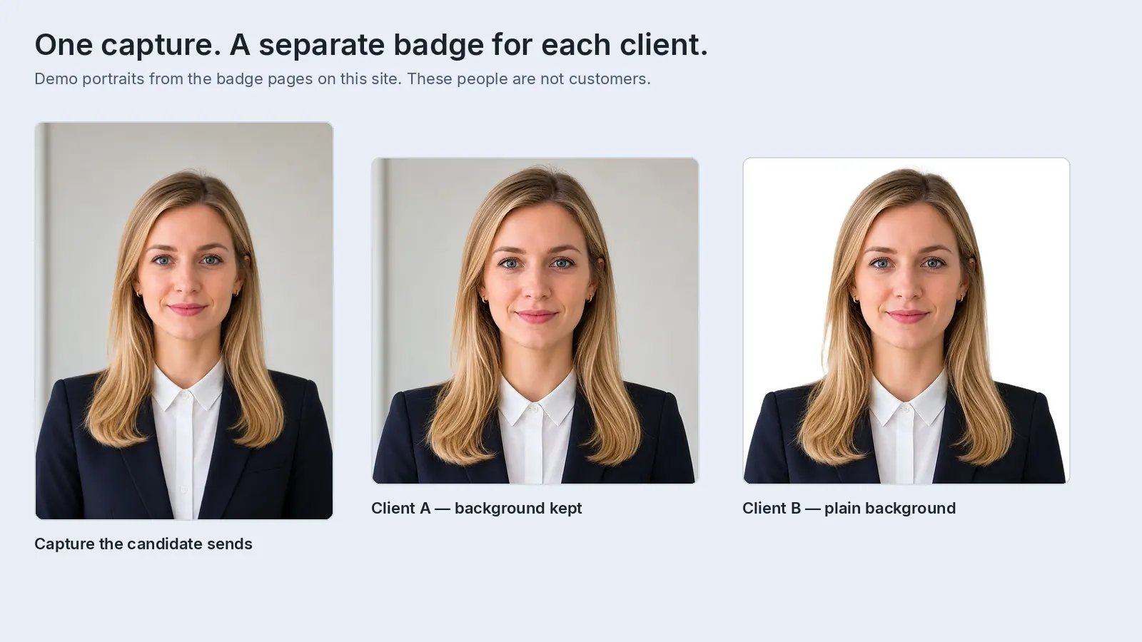 A demo outdoor portrait of a man beside two badge crops of the same person: one that keeps the background, and one on a plain light ground.