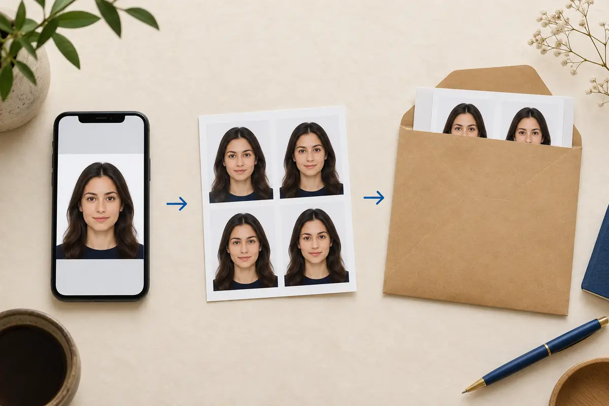 Passport photo prepared as a printable sheet of repeated portraits
