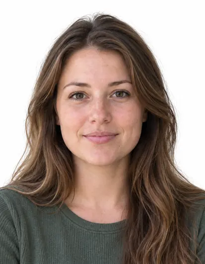 UK passport photo of a woman on a white background